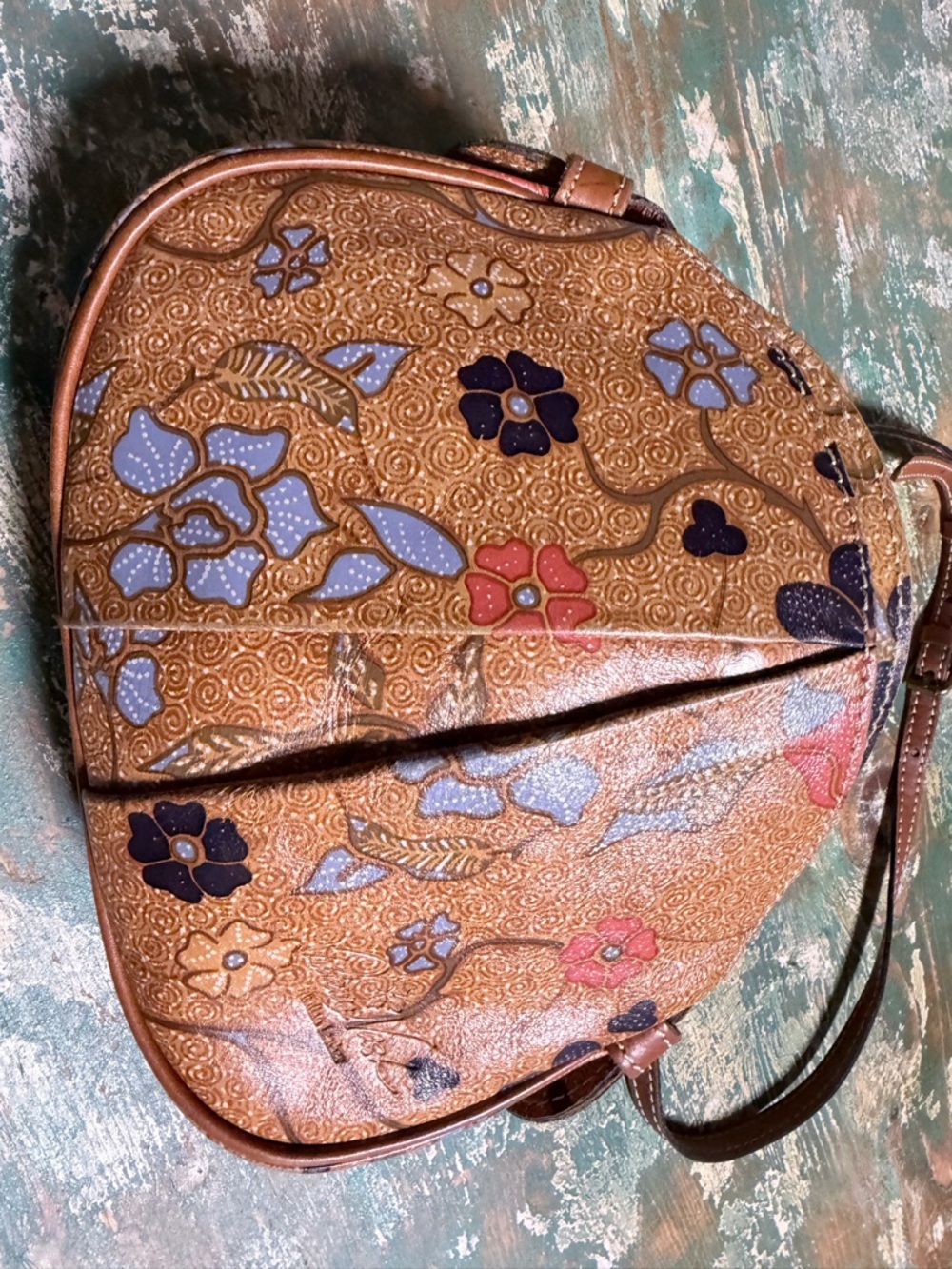 Patricia Nash Tan Floral-Embossed Crossbody with Blue, Navy & Red Accents